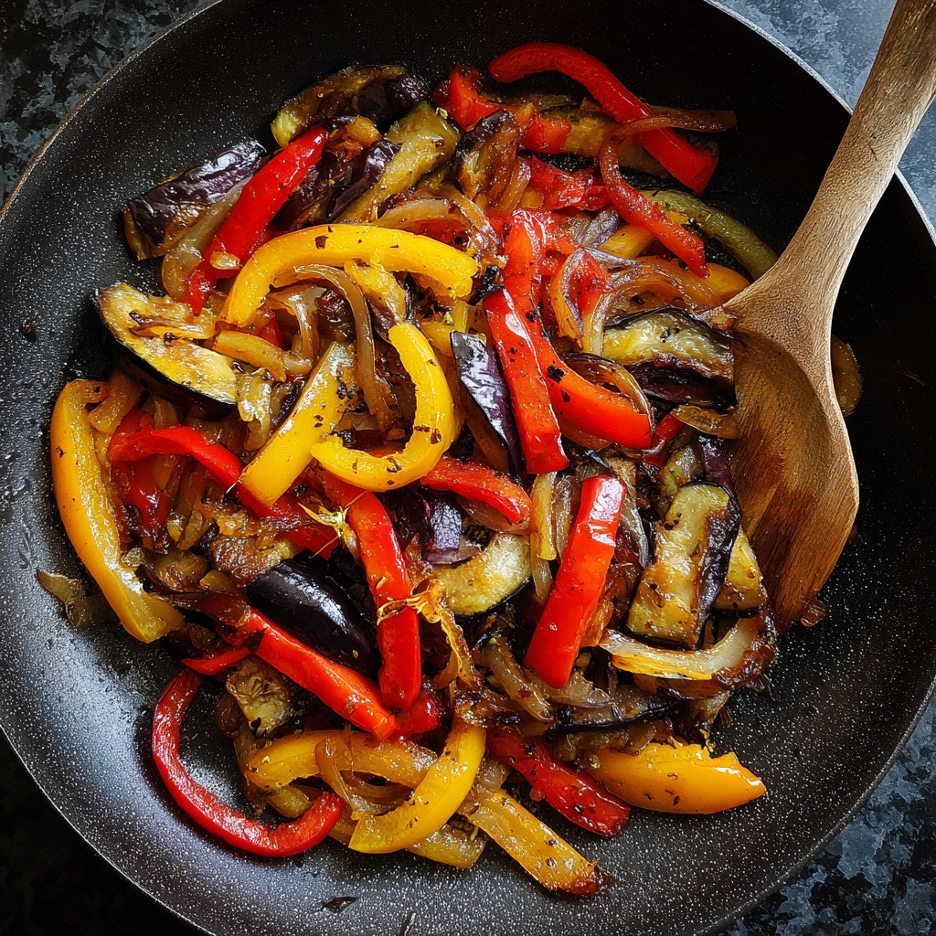 Auberginenpfanne mit Paprika und Zwiebeln