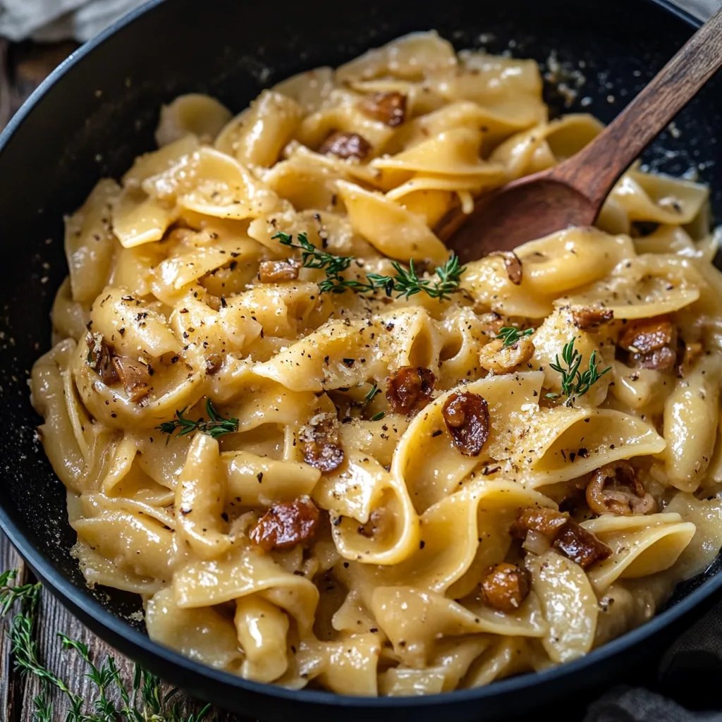 Pasta mit französischen Zwiebeln aus der Pfanne